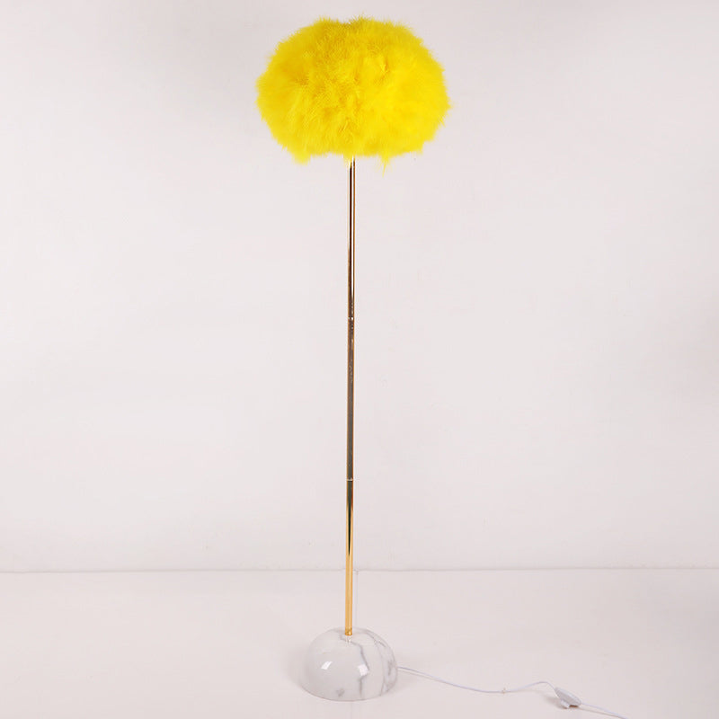 Hand-Woven Feather Sphere Floor Lamp Nordic 1 Head Yellow Floor Standing Light with Ceramic Base