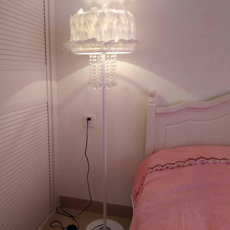 Apricot/White/Pink Lotus Floor Light Novelty Nordic 1 Bulb Feather Stand Up Lamp with Crystal Orbs