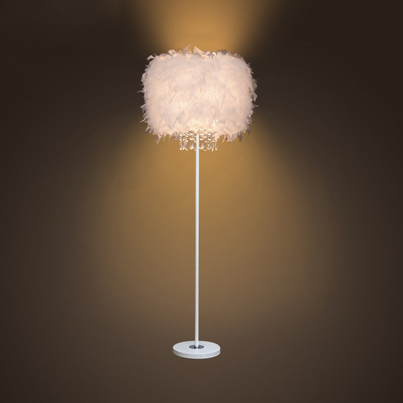 Single-Bulb Living Room Floor Lamp Minimalist White/Chrome Standing Light with Cylindrical Feather Shade