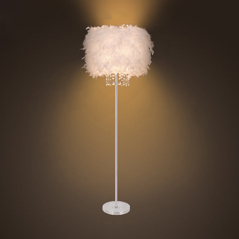 Single-Bulb Living Room Floor Lamp Minimalist White/Chrome Standing Light with Cylindrical Feather Shade