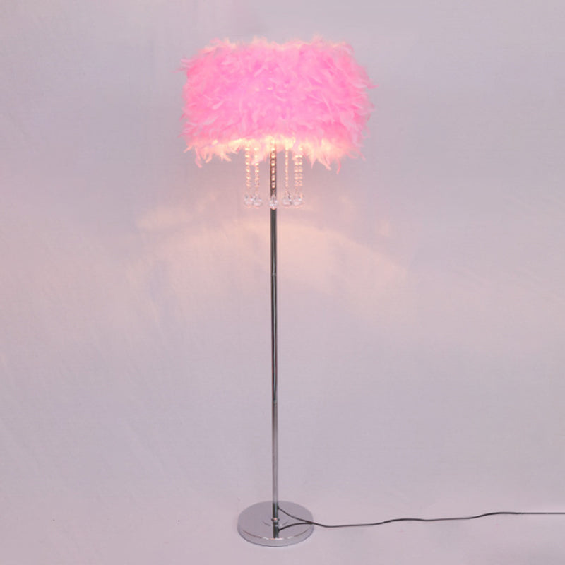 Trommel eetkamer vloer licht licht veer 1 kop modernistische vloerlamp in roze/wit/paars met draperende kristal