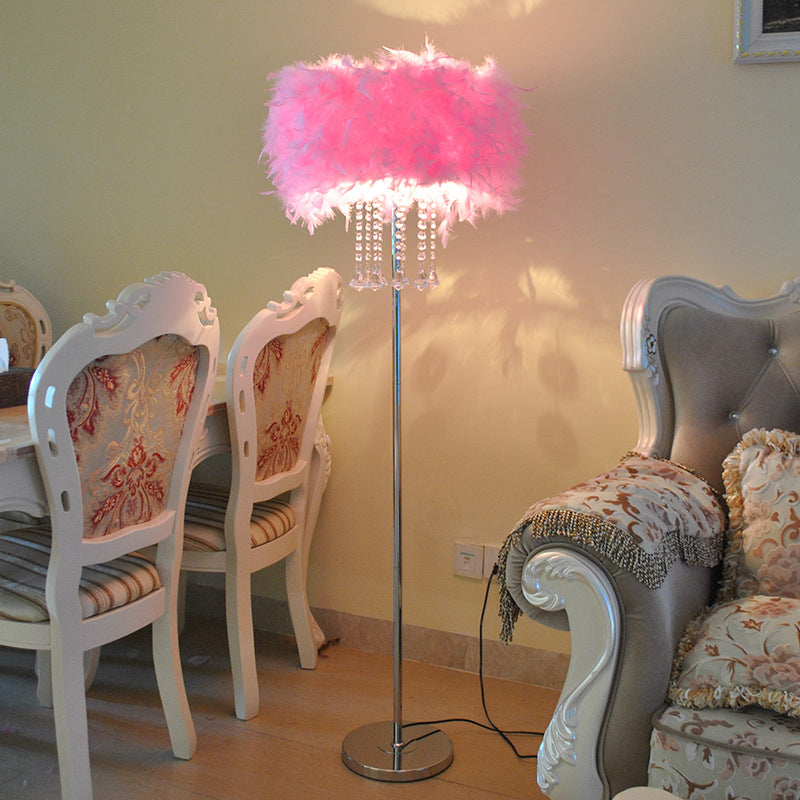 Drum Dining Room Floor Light Feather 1 Head Modernist Floor Lamp in Pink/White/Purple with Draping Crystal