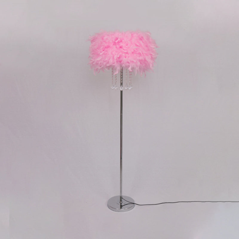 Drum Dining Room Floor Light Feather 1 Head Modernist Floor Lamp in Pink/White/Purple with Draping Crystal