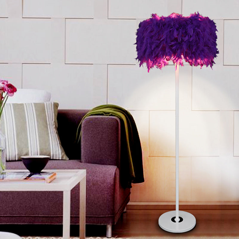 Burgundy/Purple/Pink Drum Floor Light Minimalistic 1-Bulb Feather Standing Floor Lamp for Living Room