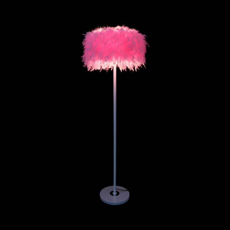 Burgundy/Purple/Pink Drum Floor Light Minimalistic 1-Bulb Feather Standing Floor Lamp for Living Room