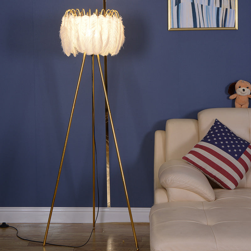 Drum Floor Standing Light Post-Modern Goose Feather 1-Head Bedside Tripod Floor Lamp in Brass and White