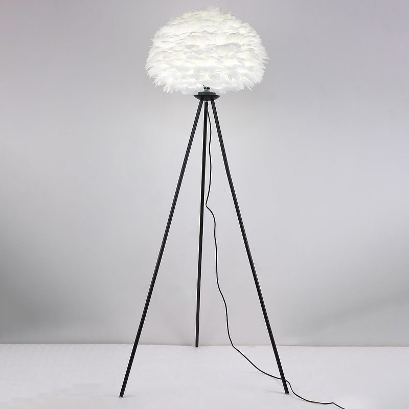 Dome Feather Floor Lamp Minimalist Single Grey/White/Pink Floor Light with Black/White/Gold Tripod for Bedroom