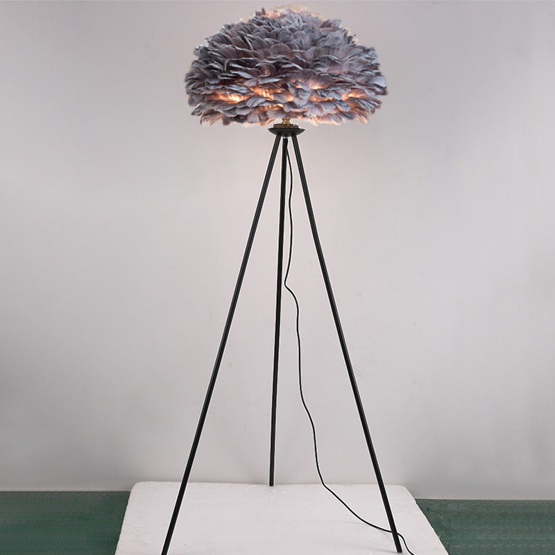 Dome Feather Floor Lamp Minimalist Single Grey/White/Pink Floor Light with Black/White/Gold Tripod for Bedroom