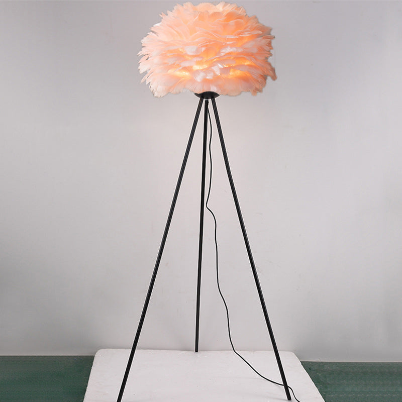 Dome Feather Floor Lamp Minimalist Single Grey/White/Pink Floor Light with Black/White/Gold Tripod for Bedroom