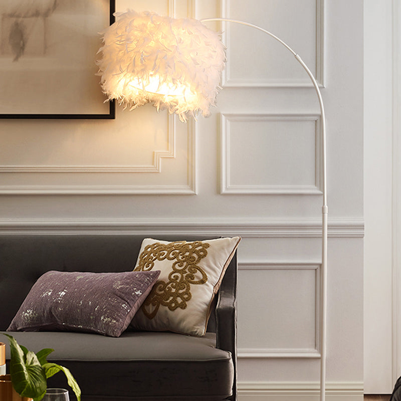 Trommelvloer Licht Licht Simplicity Feather 1-Licht Wit Goaneneck/Straight Stand Up Lamp met/zonder kristal draperen