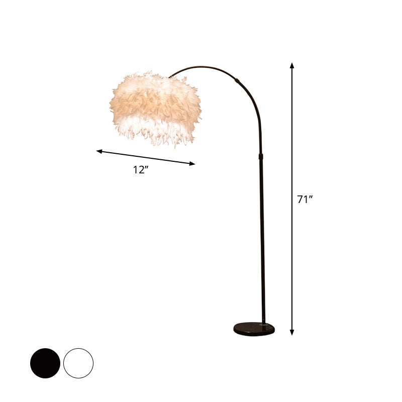 Black/White Drum Floor Lamp Minimalist 1 Head Feather Standing Light with Curved/Straight Lamp Pole