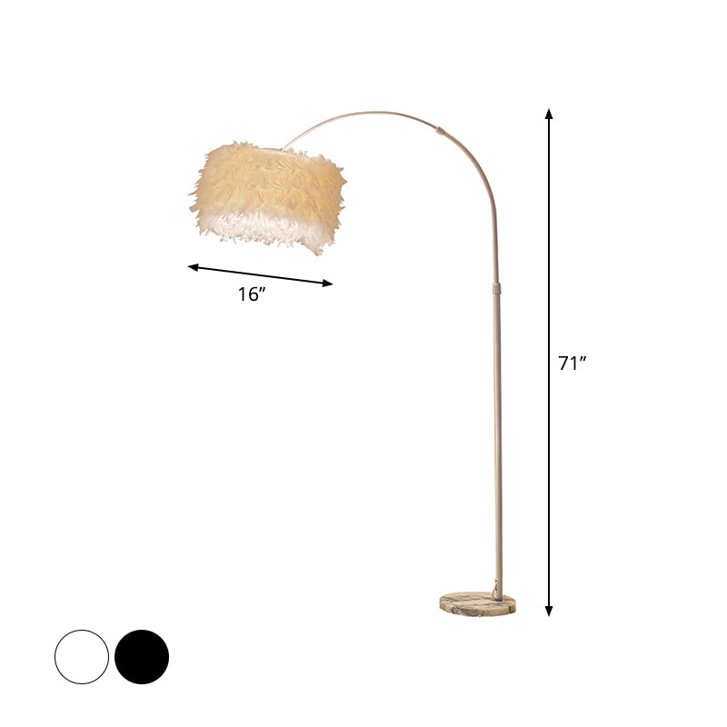 Drum Shaped Feather Standing Lamp Nordic 1-Bulb Black/White Gooseneck Floor Light with/without Tray