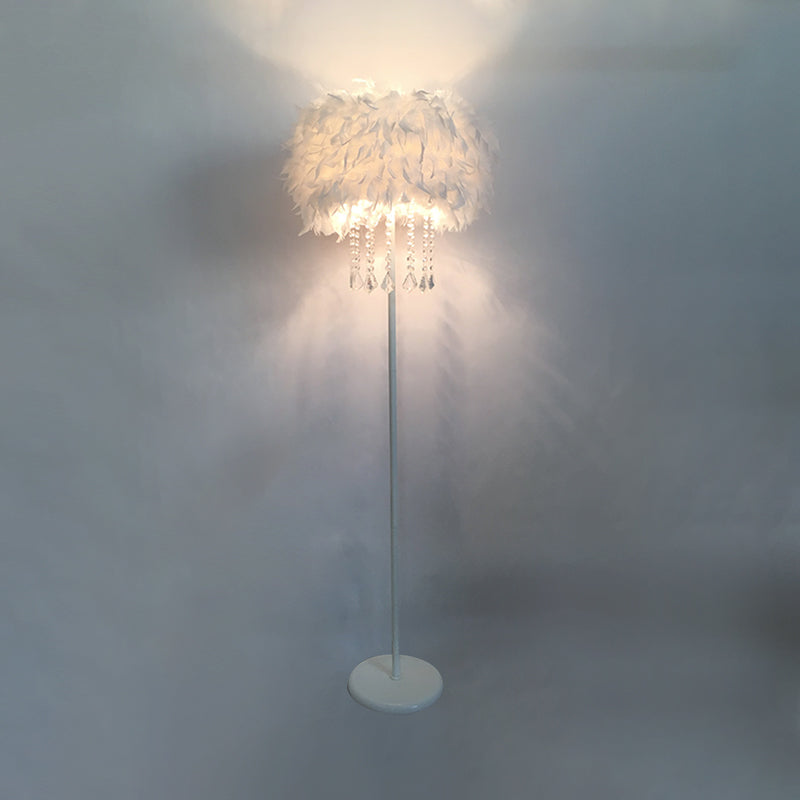 Feather Drum Standing Floor Light Modern 16"/18" W 1 Head White Floor Lamp with/without Draping Crystal