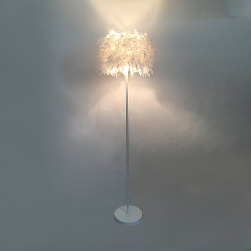 Feather Drum Standing Floor Light Modern 16"/18" W 1 Head White Floor Lamp with/without Draping Crystal