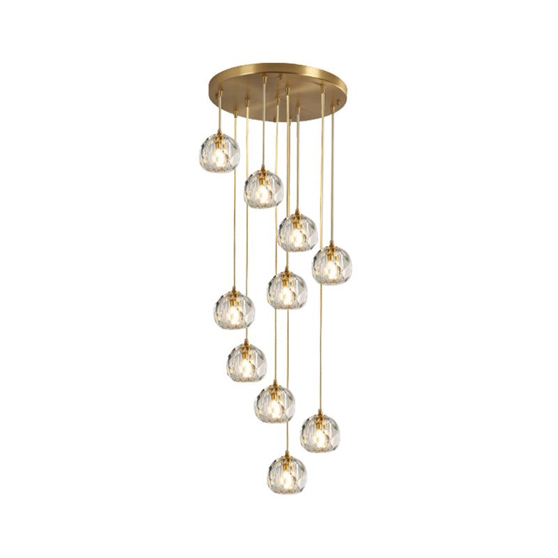 Faceted K9 Crystal Cluster Ball Pendant Stylish Modern 3/6/10-Bulb Brass Ceiling Hang Light for Living Room