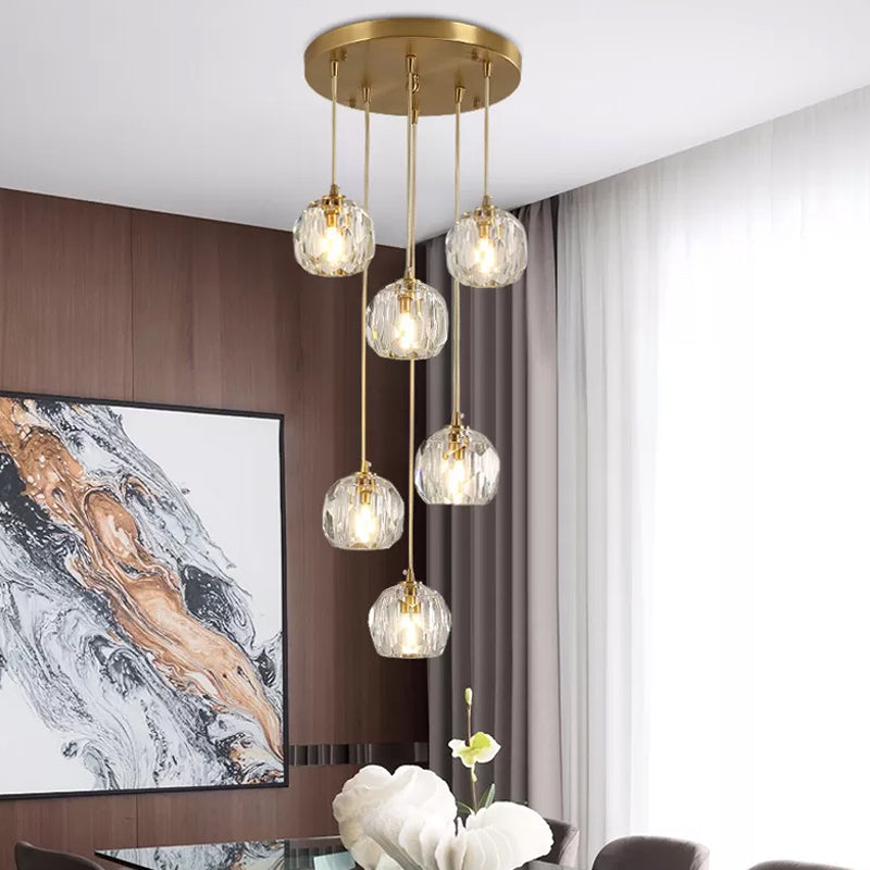 Faceted K9 Crystal Cluster Ball Pendant Stylish Modern 3/6/10-Bulb Brass Ceiling Hang Light for Living Room