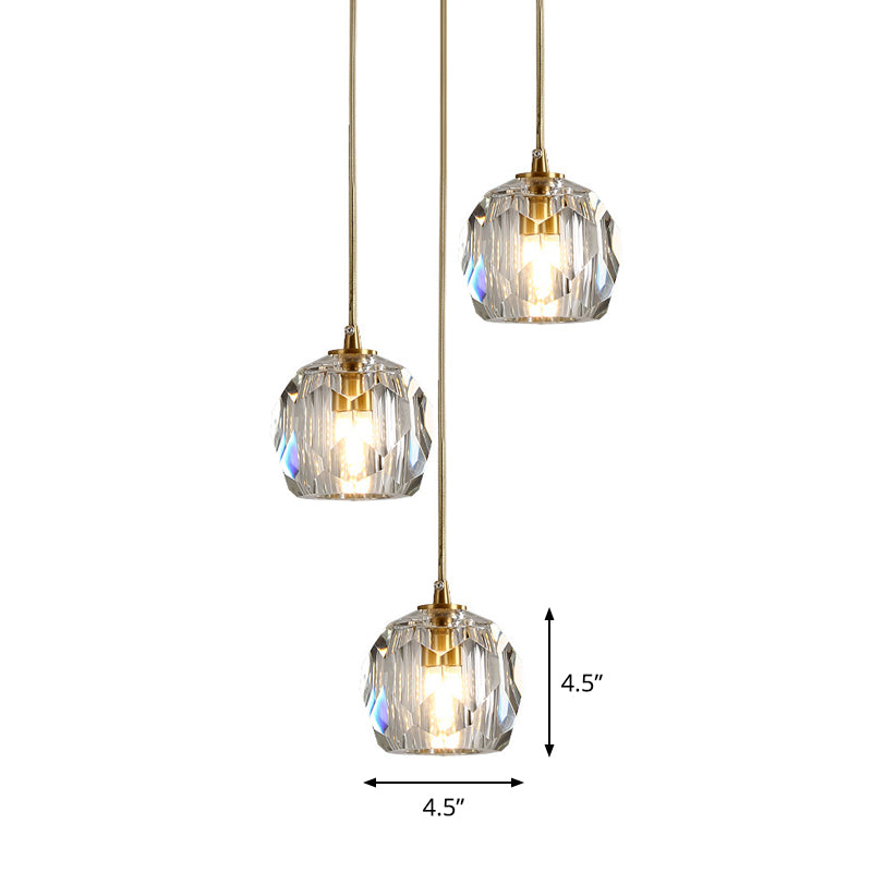 Faceted K9 Crystal Cluster Ball Pendant Stylish Modern 3/6/10-Bulb Brass Ceiling Hang Light for Living Room