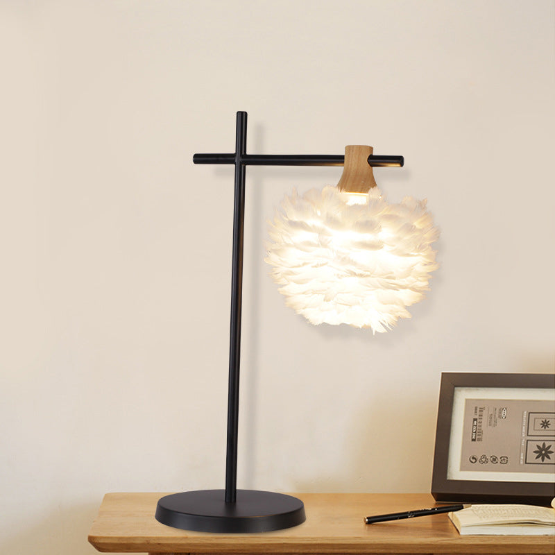 Nordic Mini Globe Night Light Feather 1-Light Bedroom Table Lamp with Cross Arm in Black-White