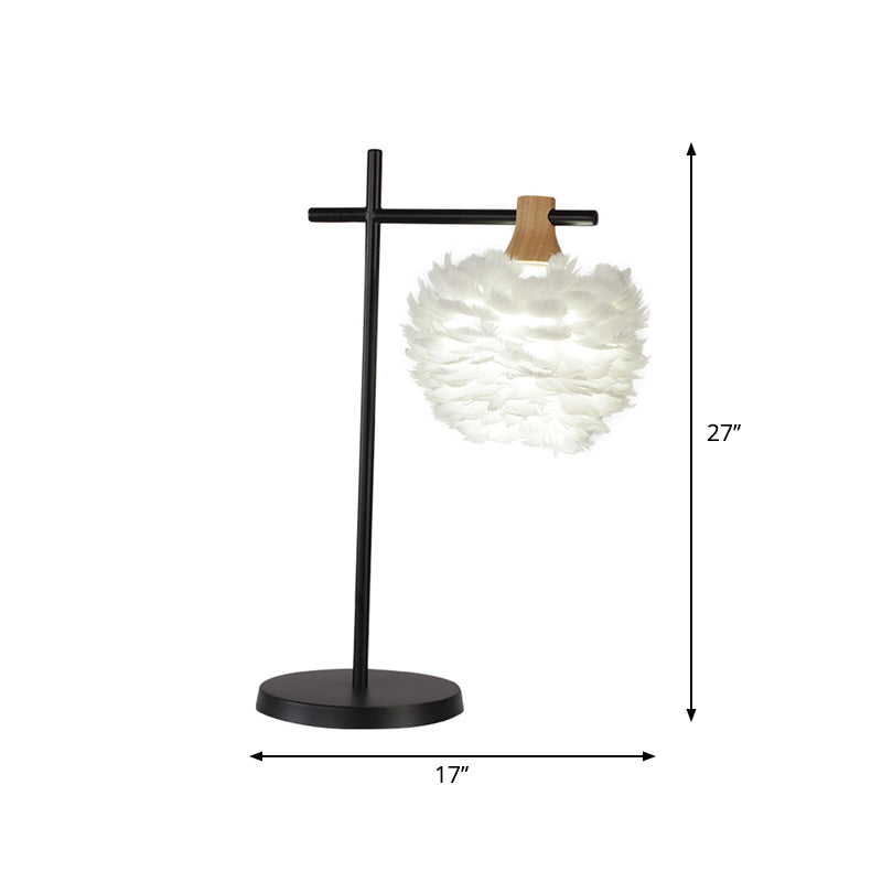 Nordic Mini Globe Night Light Feather 1-Light Bedroom Table Lamp with Cross Arm in Black-White