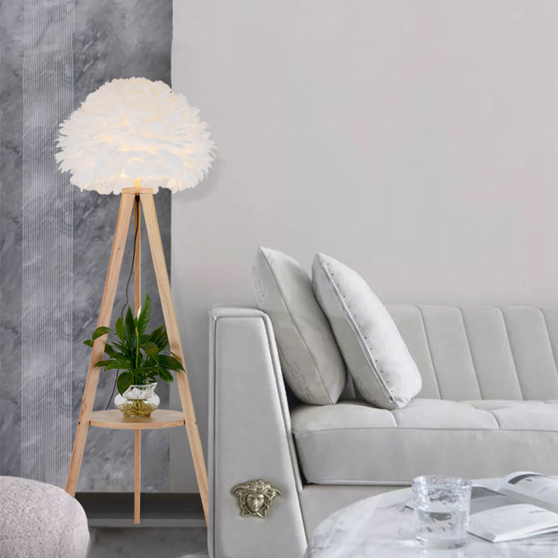 Wood Shelf Floor Lamp Nordic 1 Bulb Tripod Standing Floor Light with Dome Feather Shade in Grey/White