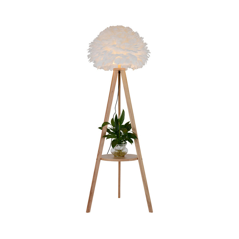 Wood Shelf Floor Lamp Nordic 1 Bulb Tripod Standing Floor Light with Dome Feather Shade in Grey/White