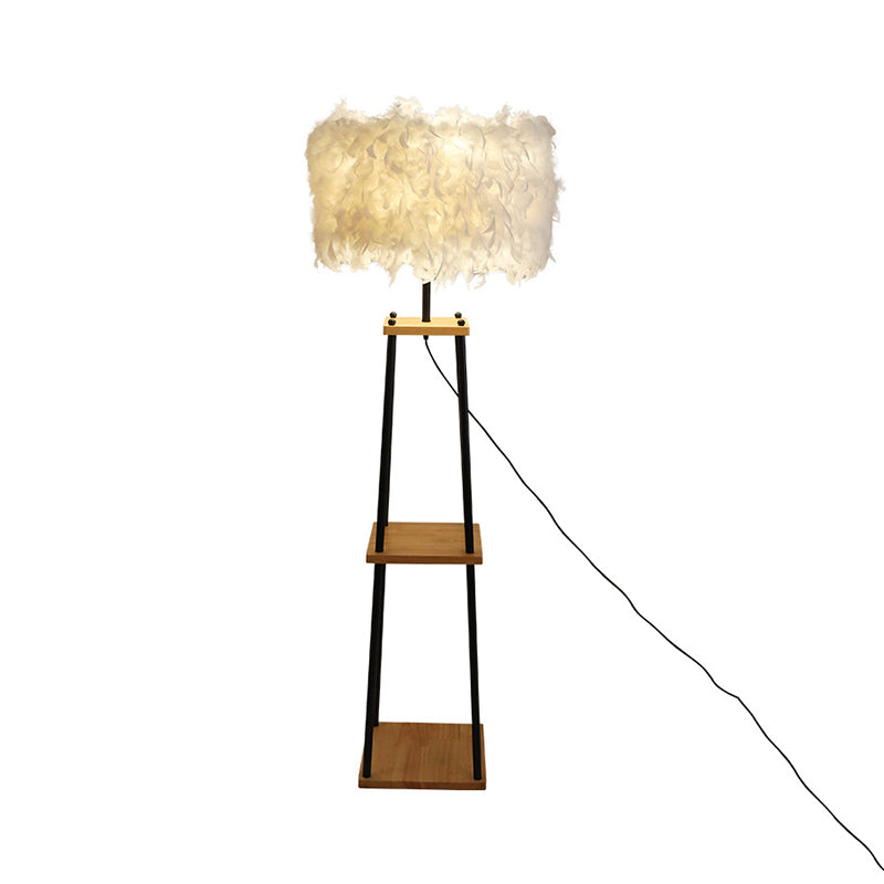 Noordse 2-laags plank Vloer Licht houten enkele woonkamer vloer staande lamp met koepel/trommelveerschaduw in grijs/wit