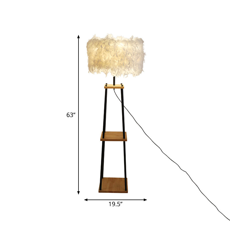 Nordic 2-tieres Regalbodenlicht hölzerne Ein Wohnzimmerboden Stehlampe mit Kuppel/Trommelfederschatten in Grau/Weiß