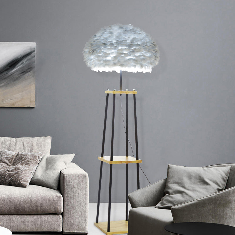 Nordic 2-Tier Shelf Floor Light Wooden Single Living Room Floor Standing Lamp with Dome/Drum Feather Shade in Grey/White