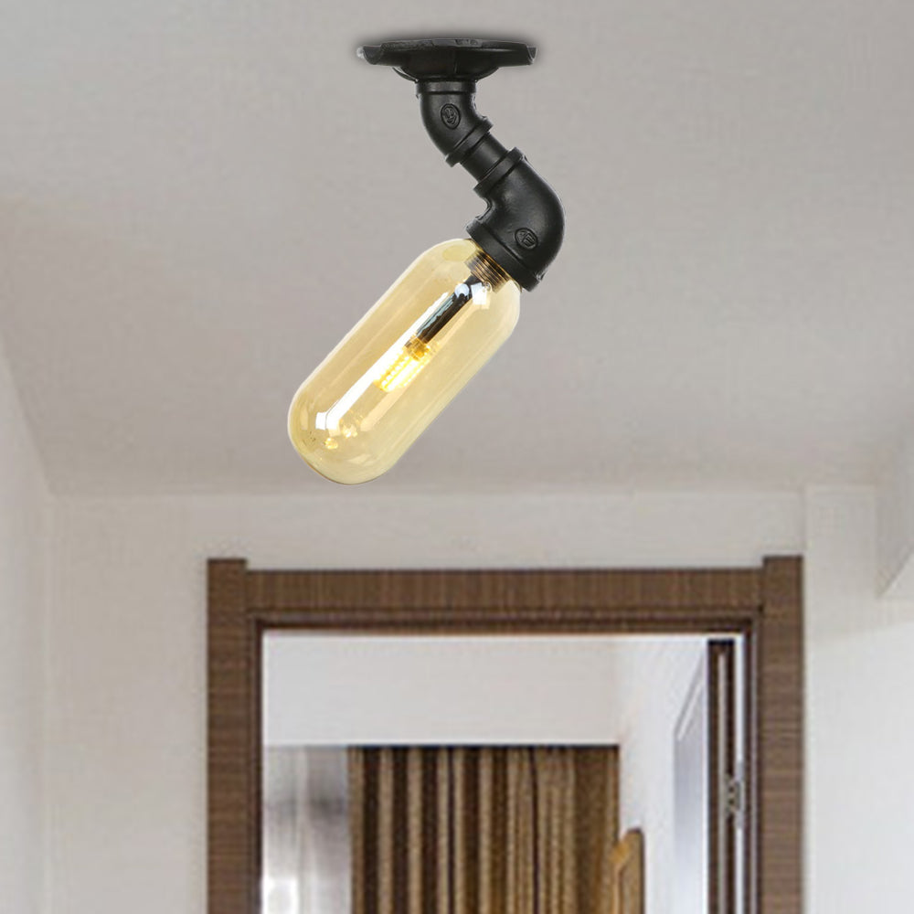 Tombra de cápsula negra Semi Flush Montaje Industrial Industrial Vaso 1 Light Interior Techo Accesorio con diseño de tuberías