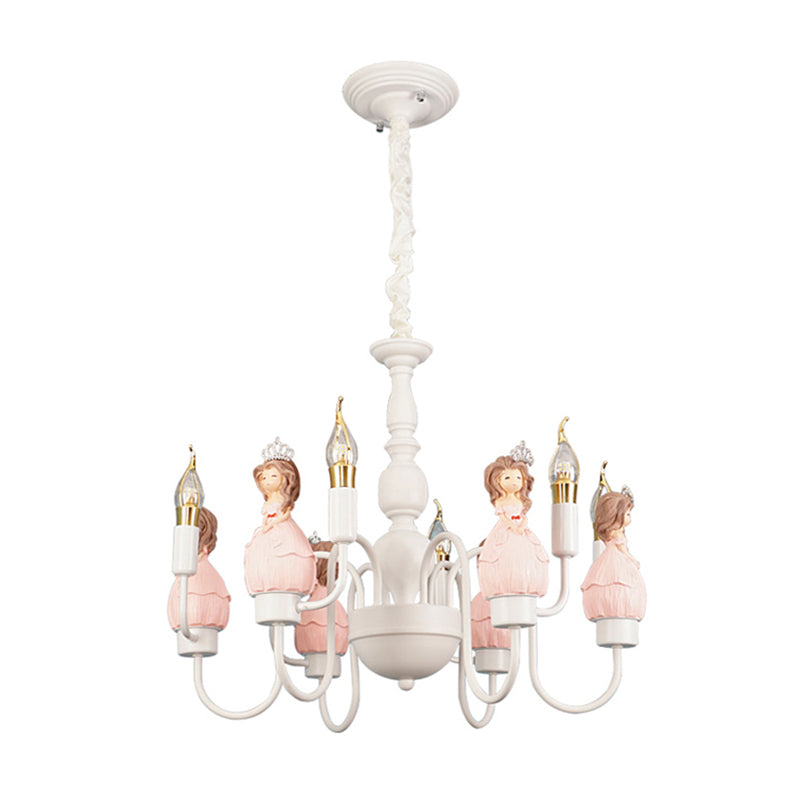 Cartoon Candle Hanging Ceiling Lamp with Princess Metal Pink Hanging Chandelier for Girl's Room