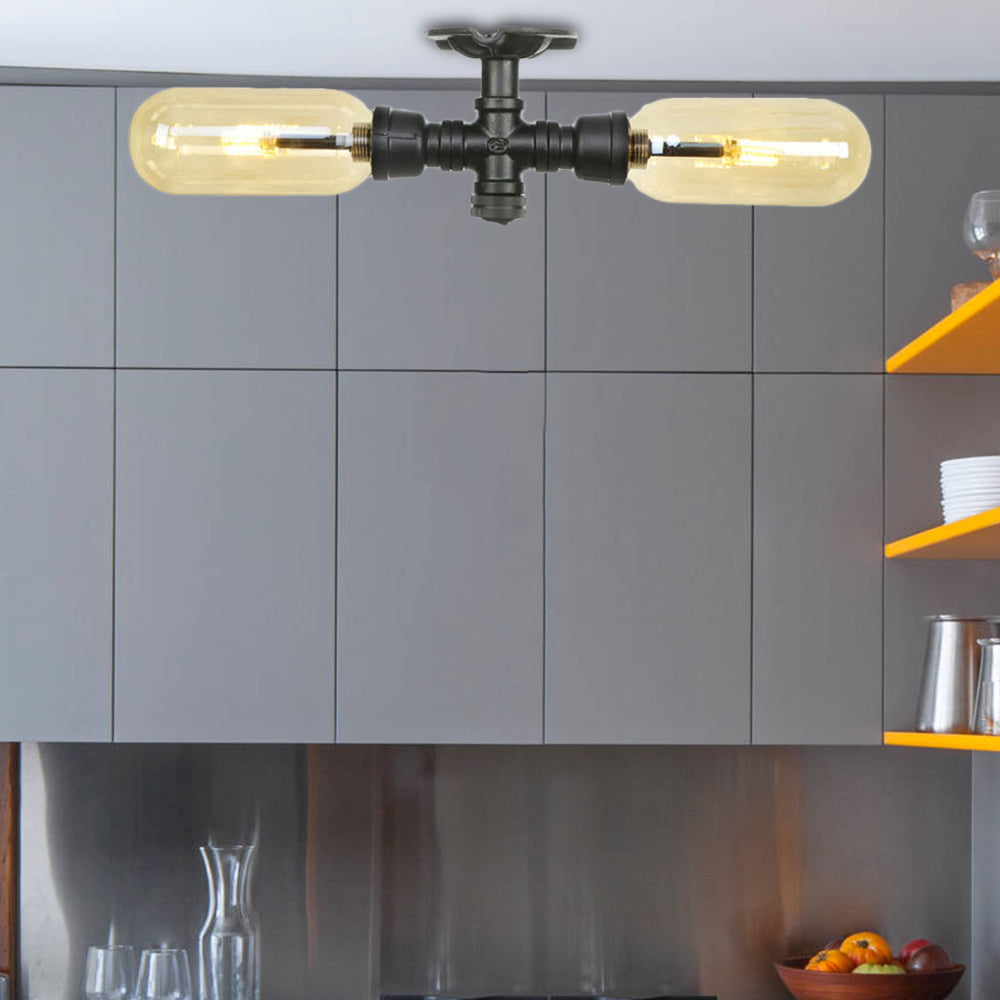 Ovalo tonalità ambra in vetro ambra semi -montaggio stile rustico 2 lampadine sala da pranzo luce soffitto in nero opaco con design del tubo