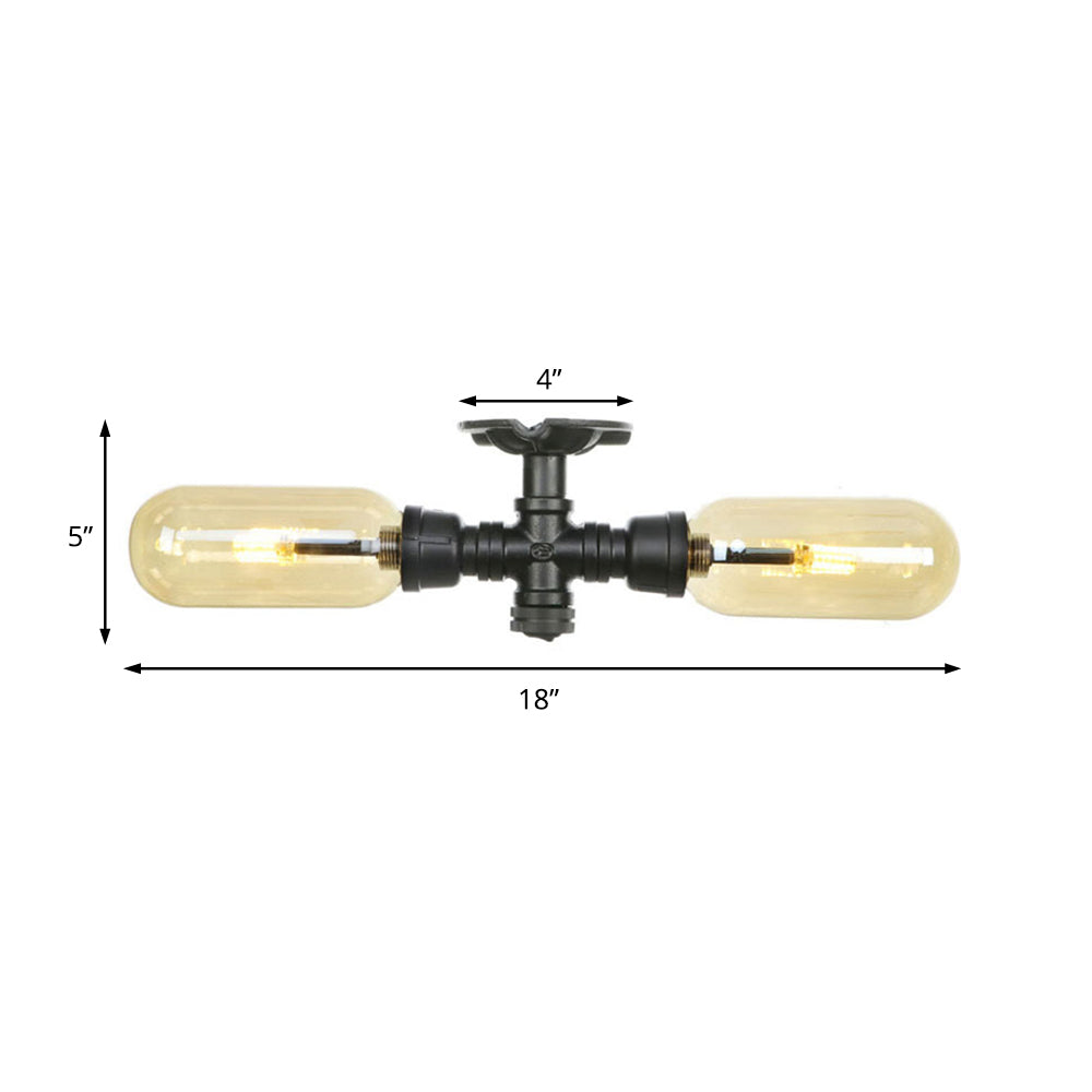 Ovale Shade Amber Glass Semi Mont Lighting Style rustique 2 ampoules Plafonds de salle à manger Light en noir mat avec conception de tuyaux