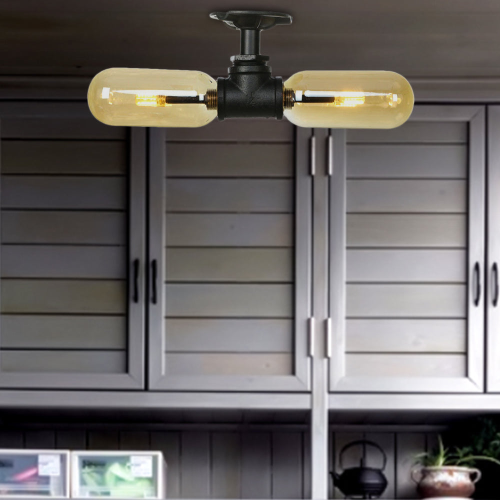 Ovalo tonalità ambra in vetro ambra semi -montaggio stile rustico 2 lampadine sala da pranzo luce soffitto in nero opaco con design del tubo