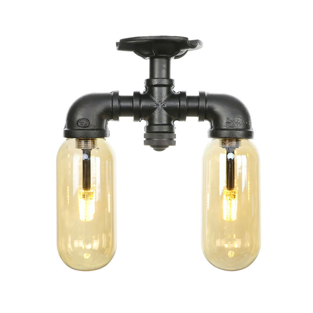 2-Bulb Ceiling Lighting Industrial Capsule Amber Glass Semi Flush Mount Light in Matte Black with Pipe Design