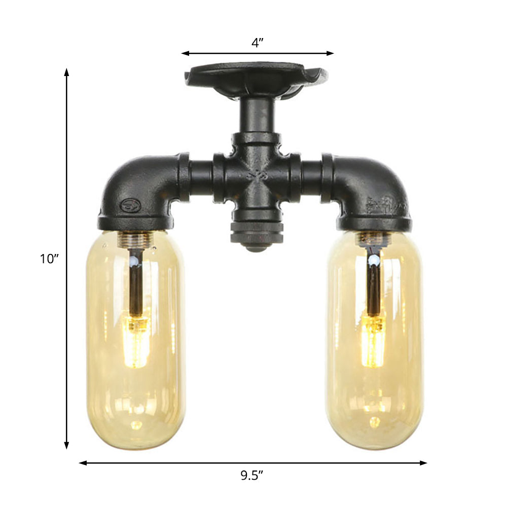 2-Bulb Ceiling Lighting Industrial Capsule Amber Glass Semi Flush Mount Light in Matte Black with Pipe Design