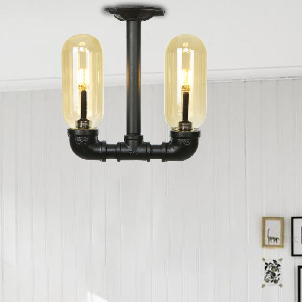 2-Bulb Ceiling Lighting Industrial Capsule Amber Glass Semi Flush Mount Light in Matte Black with Pipe Design