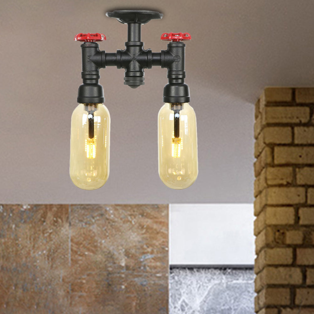 2-Bulb Ceiling Lighting Industrial Capsule Amber Glass Semi Flush Mount Light in Matte Black with Pipe Design