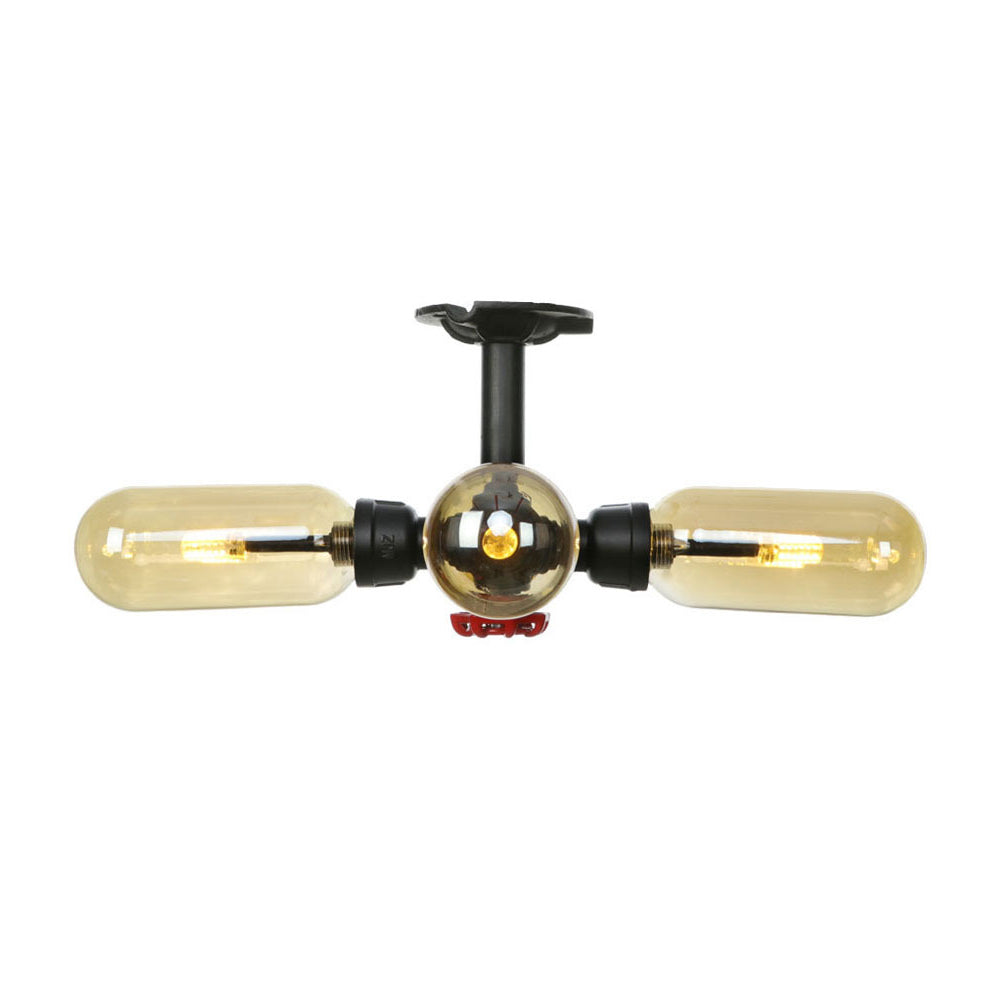 Amber Glass Ceiling Light Fixture Capsule Shade 4/5/6 Light Rustic Kitchen Semi Flush in Matte Black with Pipe Design