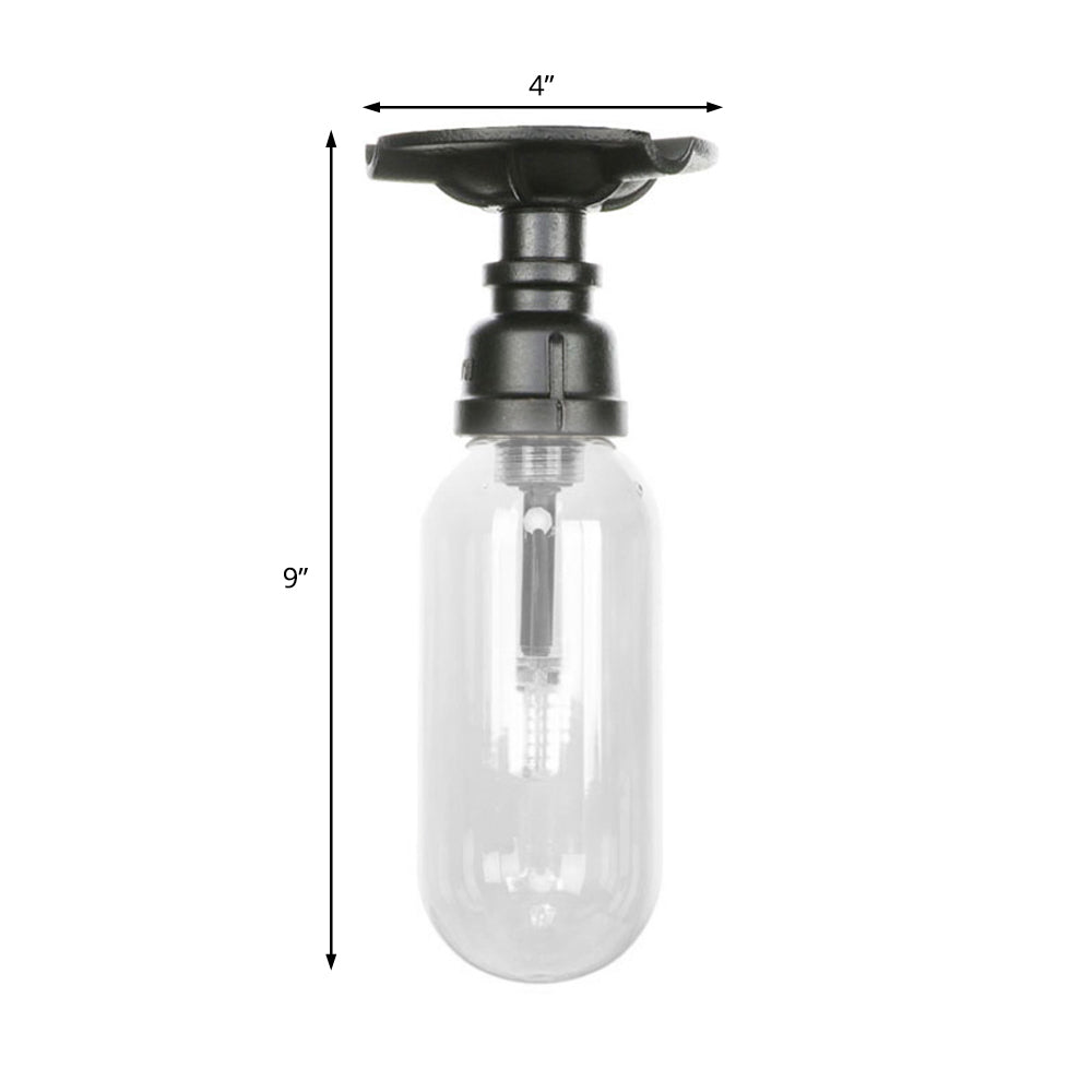 Capsule Corridor Semi Flush Light Industrial Clear Glass One Light Black Ceiling Lighting with Pipe Design