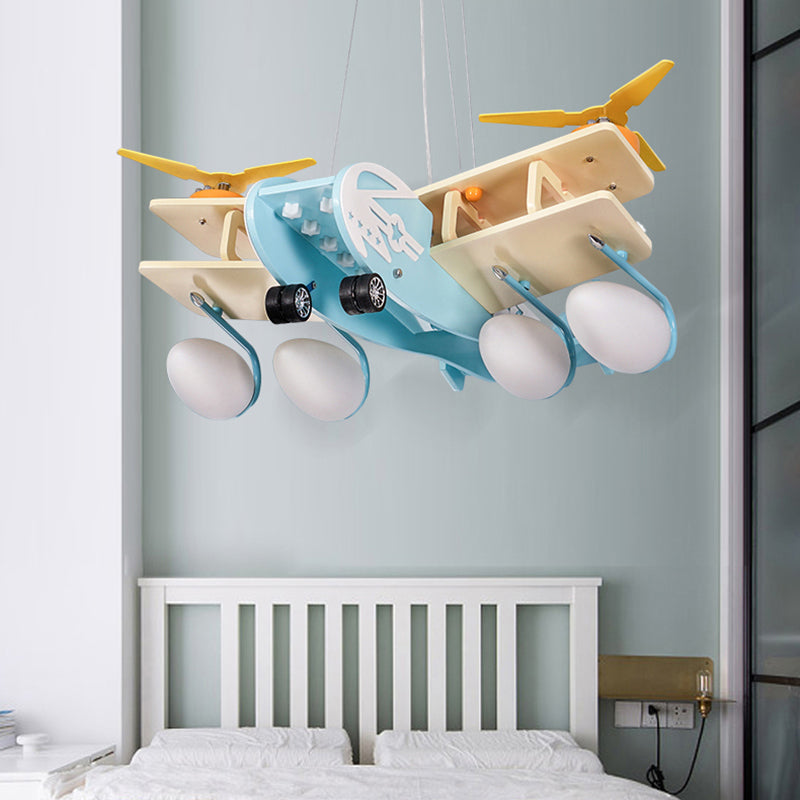 Blue Fighter Plane Hanging Lamp Fixture Wooden Hanging Chandelier for Child Bedroom