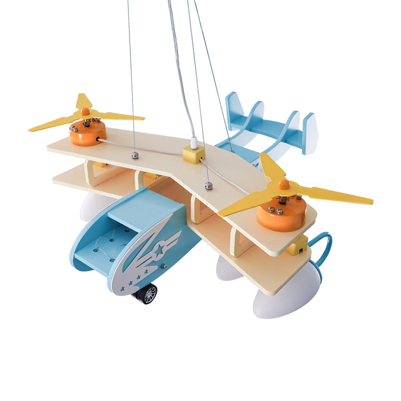 Blue Fighter Plane Hanging Lamp Fixture Wooden Hanging Chandelier for Child Bedroom