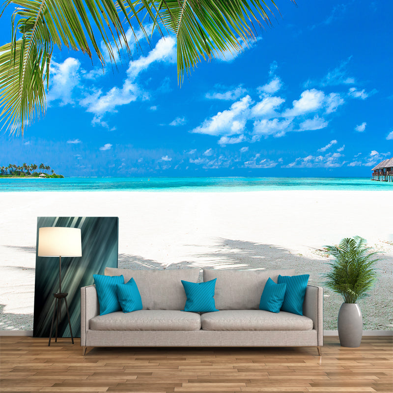 Beach with Palm Tree Mural Bright Tropical Wall Covering for Accent Wall, Custom Size