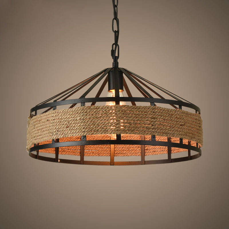 Barn Metal Hanging Ceiling Light Antiqued 1 Bulb Restaurant Jute Rope Drop Pendant in Black