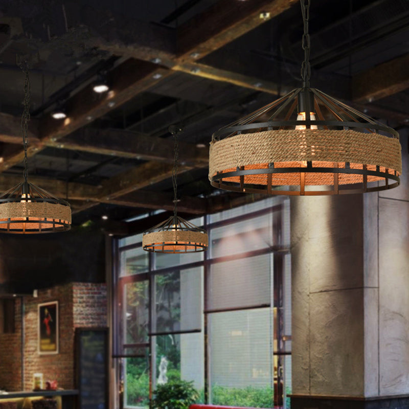 Barn Metal Hanging Ceiling Light Antiqued 1 Bulb Restaurant Jute Rope Drop Pendant in Black