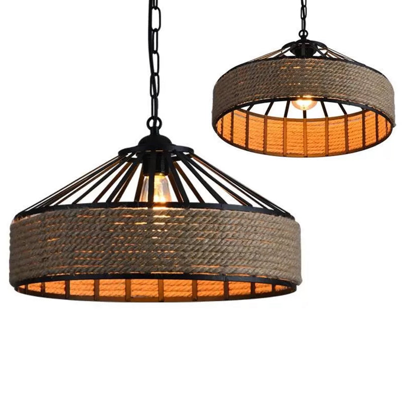 1 Light Pendant Light Kit Industrial Dining Room Rope Hanging Lamp with Barn Metal Shade in Black