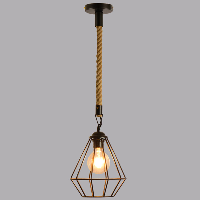 Diamond Cage Dining Room Pendant Lighting Warehouse Metal 1 Light Black Pendulum Light