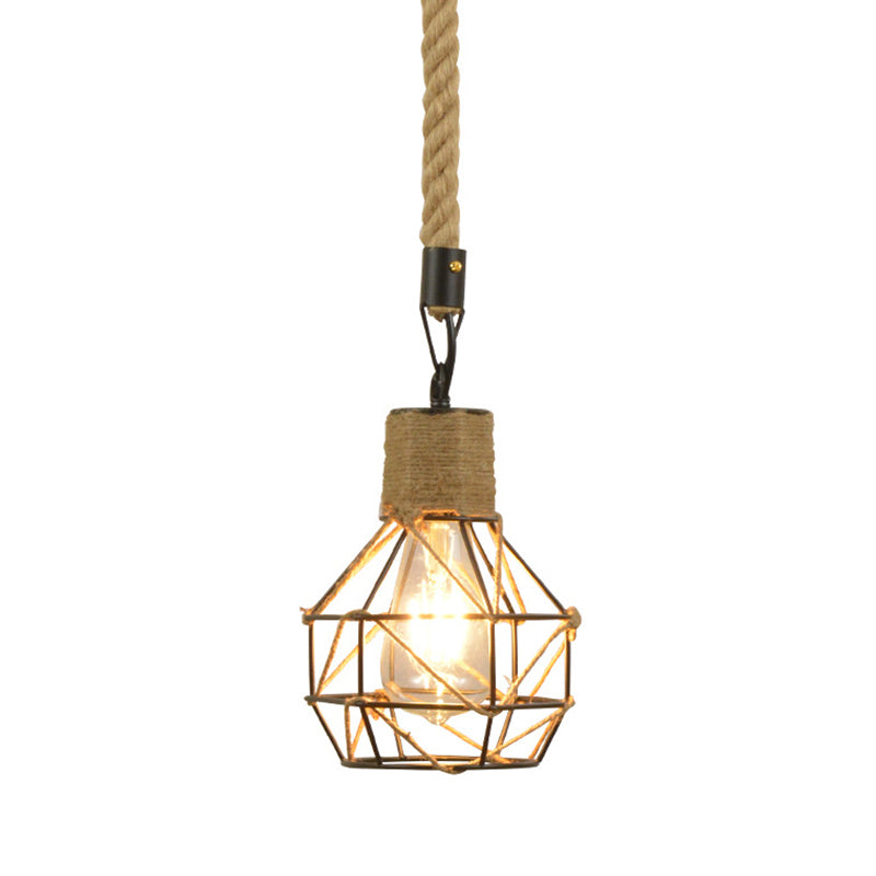 Iron Black Ceiling Pendant Light Globe Cage 1-Head Industrial Suspension Lighting with Rope Cord