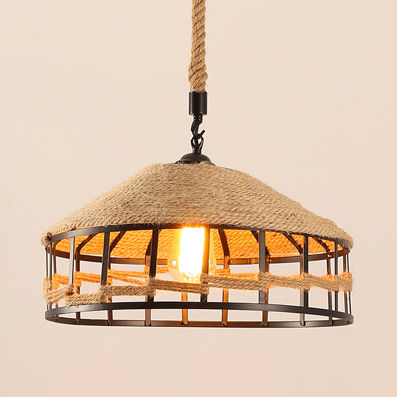 Rustic Rope Barn Hanging Ceiling Light 1 Light Metal Drop Lamp in Beige for Restaurant