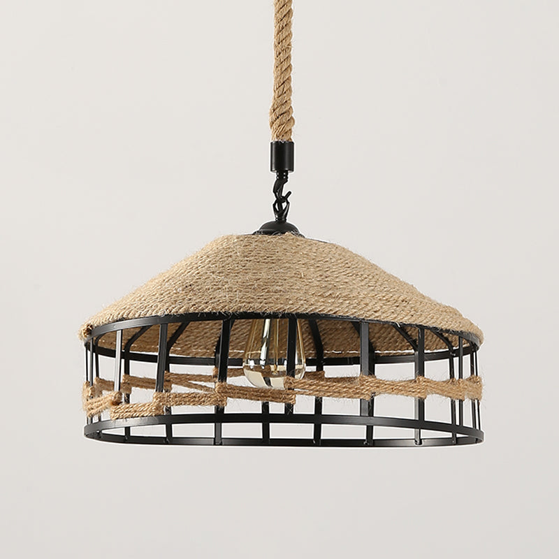 Rustic Rope Barn Hanging Ceiling Light 1 Light Metal Drop Lamp in Beige for Restaurant