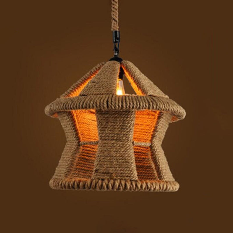 1 Light Geometric Pendant Light Kit Industrial Beige Natural Rope Hanging Lighting for Dining Room